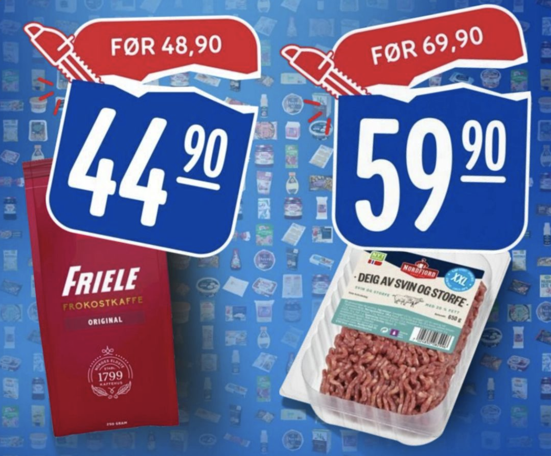 Skjermbilde fra en kundeavis med eksempel på varer som har fått redusert pris.